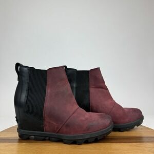 Womens Sorel Joan of Arctic Wedge II Red Leather Chelsea Ankle Boots‎ Size 8 M